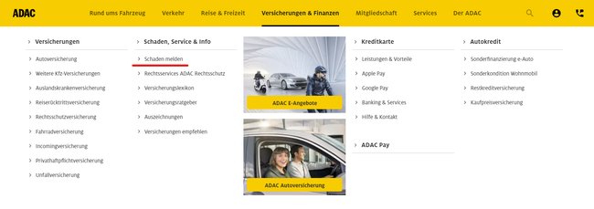 ADAC Website Schaden melden