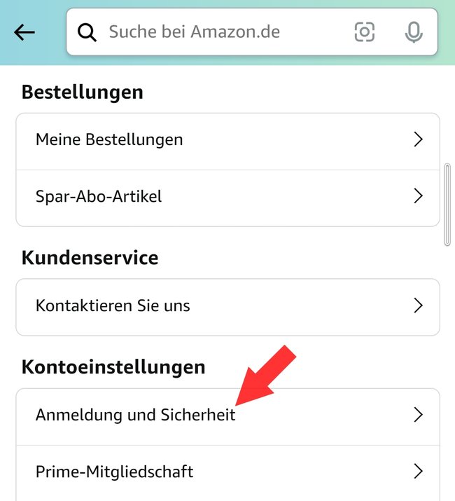 Amazon Shopping App Kontoeinstellungen Anmeldung und Sicherheit