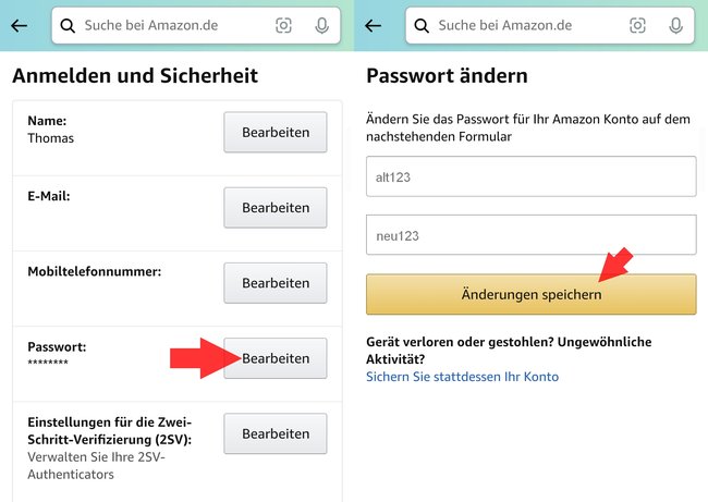 Amazon Shopping App Passwort aendern