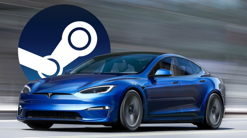 Ein Tesla und das Steam-Logo