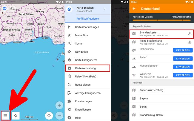Osmand: So öffnet ihr die Kartenverwaltung, um weitere Karten herunterzuladen. (Bildquelle: GIGA)