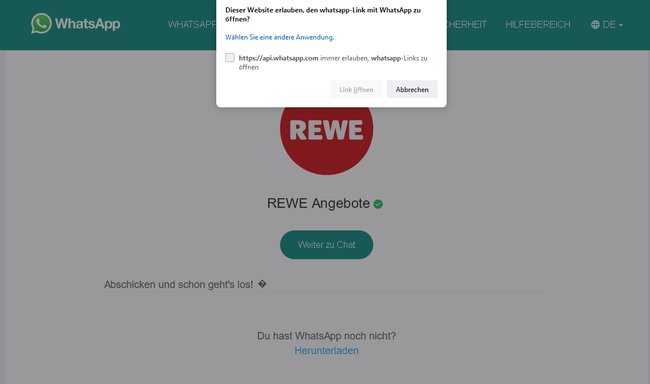 Screenshot: Anmeldung für den Rewe-Prospekt in der WhatsApp-Desktop-App