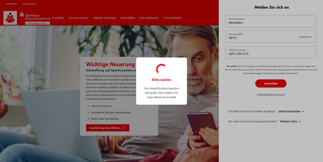 Screenshot einer gefälschten Sparkassen-Anmeldeseite
