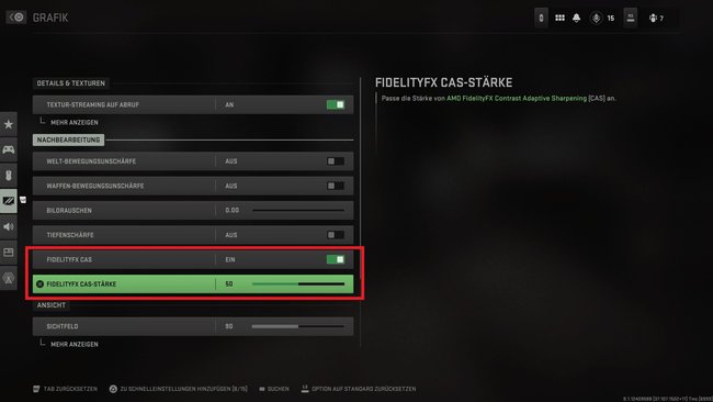 Stellt in CoD Modern Warfare 2 „FidelityFX CAS-Stärke“ auf „Ein“ und setzt den Wert auf circa 50. (Bildquelle: Screenshot GIGA)
