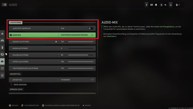 Stellt in CoD Modern Warfare 2 den „Audio-Mix“ auf „Kopfhörer-Bassverstärkung“, um Schritte besser zu hören. (Bildquelle: Screenshot GIGA)