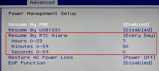 Screenshot aus dem PC-BIOS: Einstellungen der Option "RTC-Alarm".