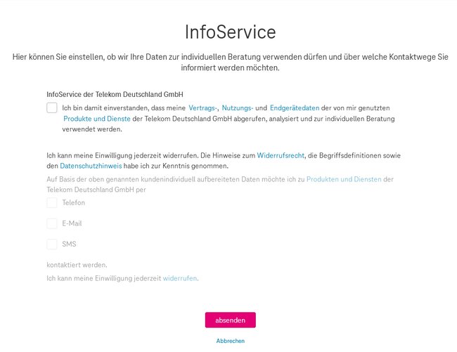 Screenshot des Telekom-Browserfensters, in dem man der Kontaktaufnahme zu Werbezwecken widersprechen kann