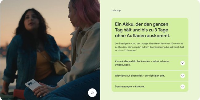 Screenshot der Webseite zum Google Pixel 7: Akkulaufzeit