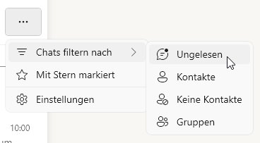 Screenshot der Desktop-App von WhatsApp - mit Filter der ungelesenen Nachrichten.