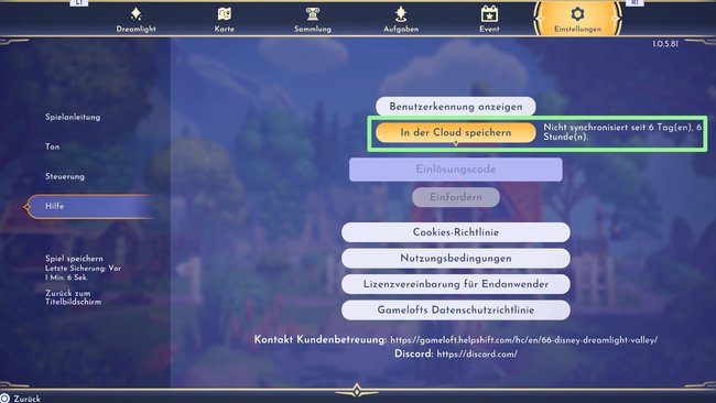 PS5-Menü zur Aktivierung von Cloud-Speicherung und Cross-Save in Disney Dreamlight Valley
