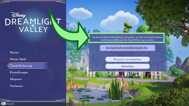 PC-Menü zur Aktivierung von Cloud-Speicherung und Cross-Save in Disney Dreamlight Valley