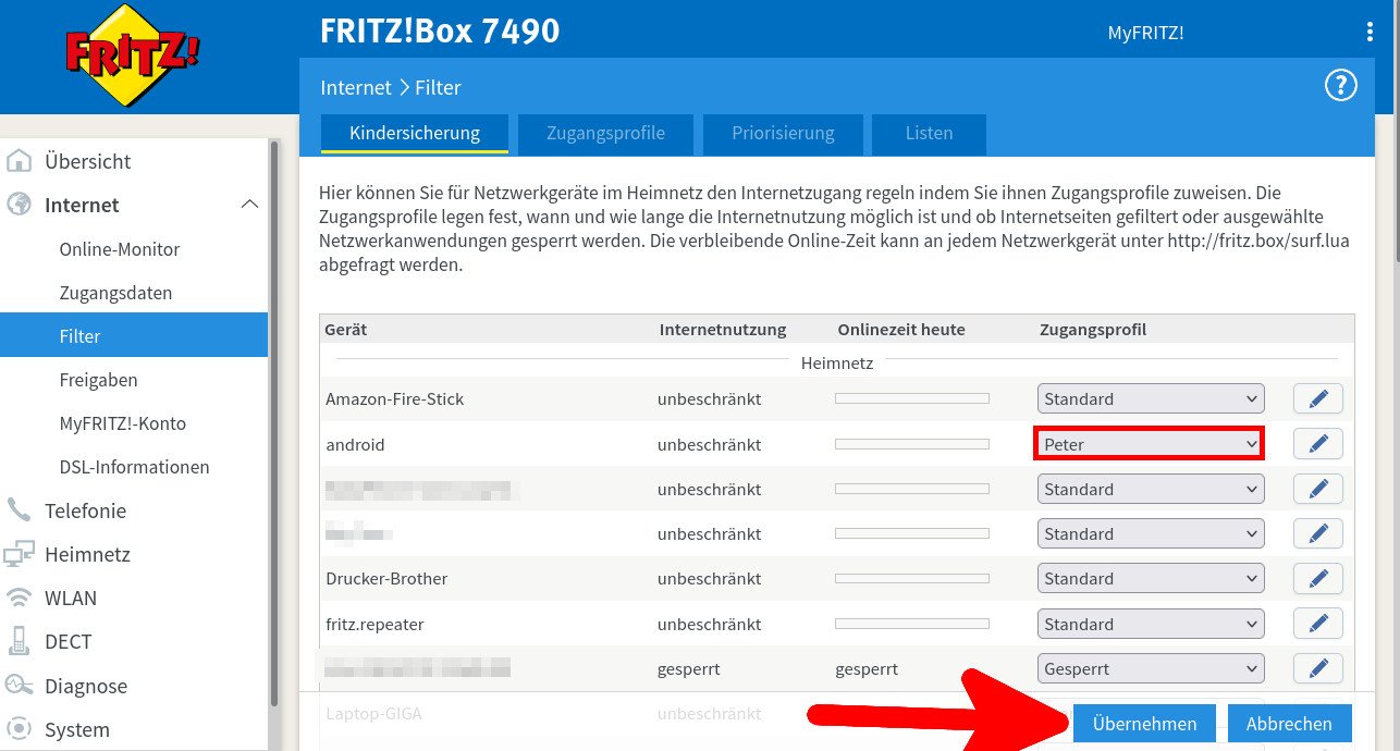 FritzboxKindersicherung einrichten Geräte & sperren