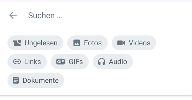 Screenshot aus WhatsApp: Ansicht der Filtermöglichkeiten in der Suche