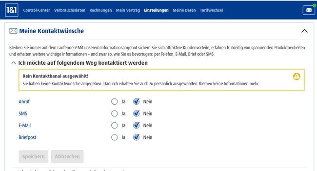 Screenshot: Auswahl der Kontaktwege im Konto von 1&1