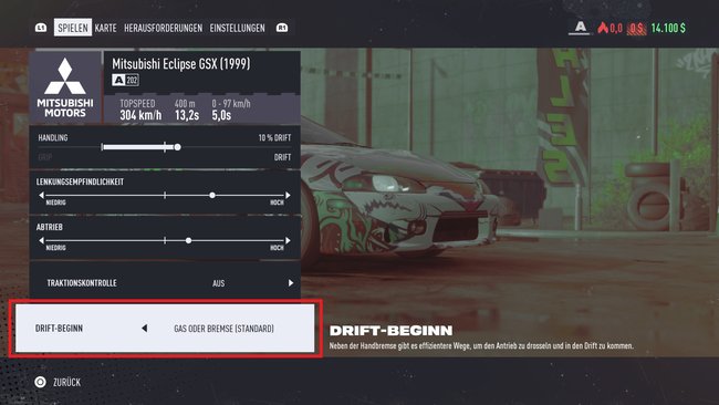 Legt in NfS Unbound fest, wie ihr den Drift einleiten wollt. (Bildquelle: Screenshot GIGA)