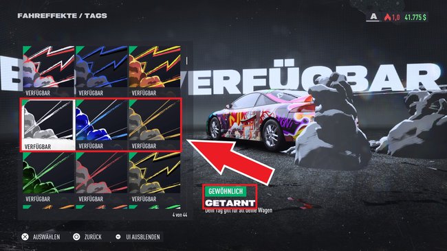 Im Menü der Garage von NfS Unbound müsst ihr nach „getarnten“ Tags Ausschau halten und sie ausrüsten. (Bildquelle: Screenshot GIGA)