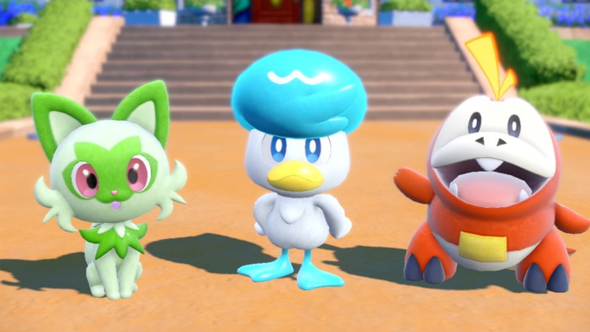 Das Bild zeigt die Starter-Pokémon für Karmesin und Purpur