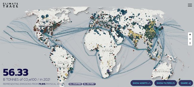 Die Weltkarte von Climate Trace zeigt die Treibhausgas-Emissionen weltweit in verschiedenen Farben an.