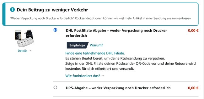 Screenshot einer Amazon-Rücksendung, bei der eine unverpackte Retoure angeboten wird.