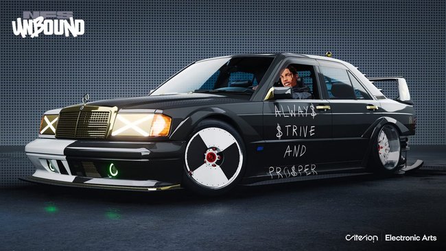 A$AP Rocky در مرسدس 190E خود در Need for Speed ​​Unbound.  (منبع تصویر: EA)