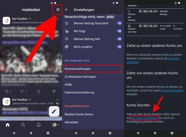 So löscht ihr euer Mastodon-Konto in der App. (Bildquelle: GIGA)