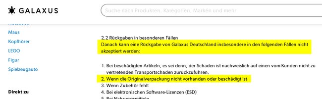 Screenshot der Galaxus Rückggabebestimmungen
