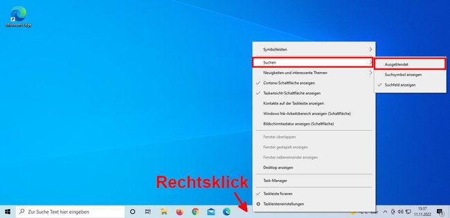 So blendet ihr das Suchfeld der Taskleiste in Windows 10 aus. (Bildquelle: GIGA)