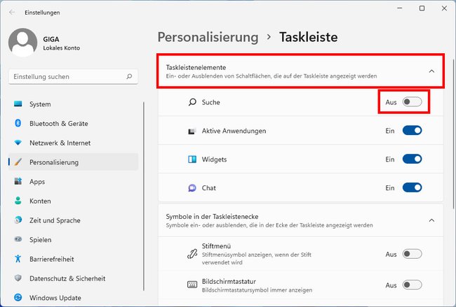 Hier blendet ihr die Suche in Windows 11 aus. (Bildquelle: GIGA)