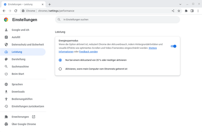 Screenshot: Einstellungsoptionen für den Stromspar-Modus in Chrome