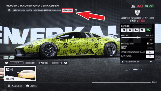 Mit R1/RB wechselt ihr in der Garage von NfS Unbound zum Reiter „Verkaufen“. (Bildquelle: Screenshot GIGA)