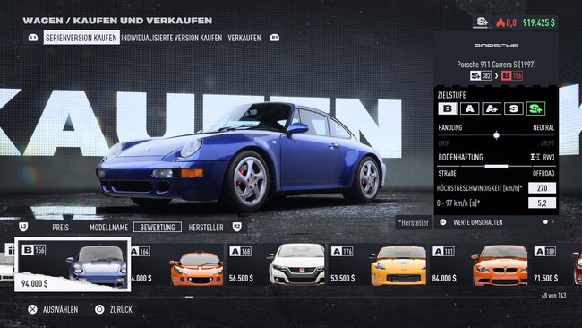 Der Porsche 911 Carrera S (1997) ist für Stufe B das beste Auto in NfS Unbound. (Bildquelle: Screenshot GIGA)