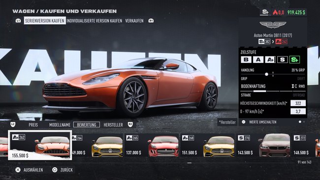 Der Aston Martin DB11 (2017) ist für Stufe A+ in NfS Unbound das beste Auto (Bildquelle: Screenshot GIGA)