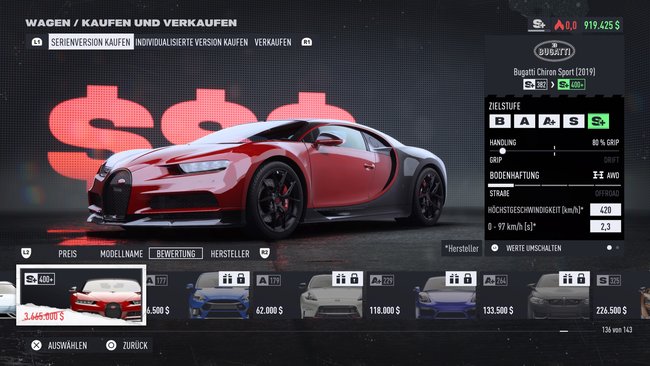 Das beste, aber auch zugleich teuerste Auto in NfS Unbound, ist der Bugatti Chiron Sport (2019). (Bildquelle: Screenshot GIGA)