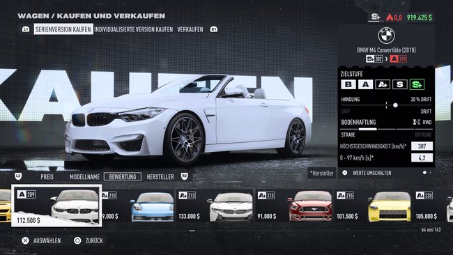 Der BMW M4 Convertible (2018) ist für Stufe A in NfS Unbound das beste Auto. (Bildquelle: Screenshot GIGA)