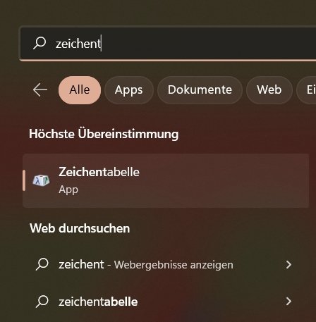 Windows Zeichentabelle Start Suche