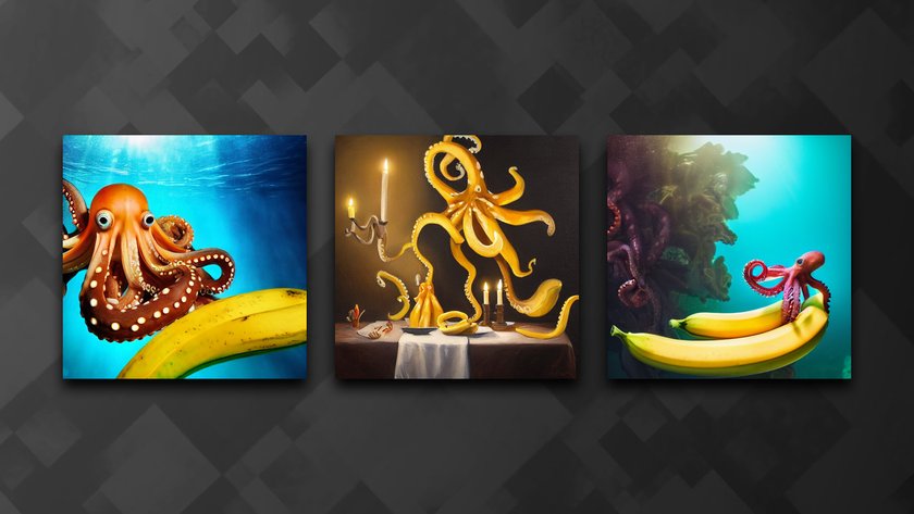 Drei Bilder mit Octopoden und Bananen. Links: Ein Foto eines Octopus mit Kulleraugen nähert sich einer im Wasser schwimmenden Banane. In der Mitte: Ein Ölgemälde eines Banenen-farbenen Octopus beim Candle-Light-Diner mit einer Banenstaude. Rechts: Ein kleiner Octopus trägt zwei Bananen mit sich herum.