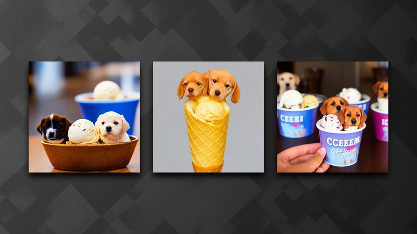 Drei Fotos von Hunden und Eis. Im linken Bild sitzen zwei Welpen in einer Eisschale mit einer weißen Kugel Eis. Im zweiten Bild schauen aus einer großen Eiswaffel zwei Hundeköpfe heraus, und im dritten Bild teilen sich zwei Hunde einen Eisbecher. Im Hintergrund sind weitere Hunde in Eisbechern zu sehen.