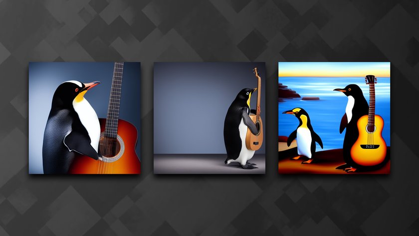 Drei Bilder von Pinguinen und Gitarren. Bild 1: Ein Pinguin hält eine rote Akustikgitarre in einen Flügeln. Bild 2: Ein Pinguin hält eine natur-farbene Gitarre in den Flügeln. Bild 3: Ein Ölgemälde mit zwei Pinguinen am Strand. Ein Pinguin ist mit einer Gitarre verschmolzen.