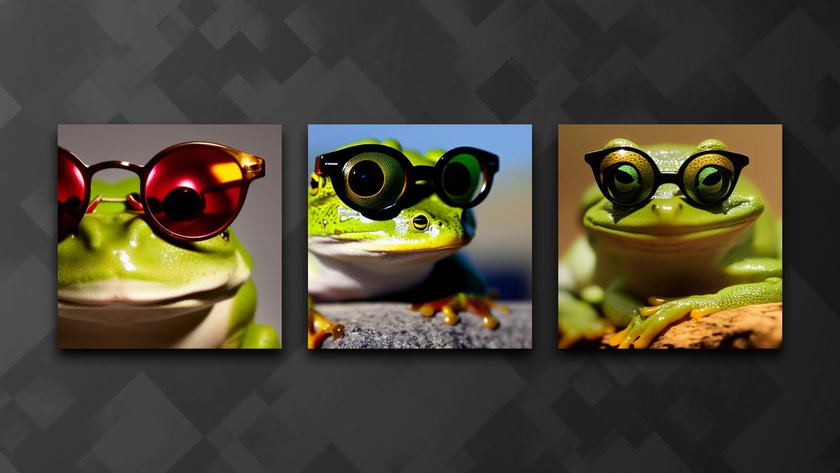 Drei Fotos von Fröschen mit Brillen. Bild 1 zeigt eine Frontalaufnahme eines Froschs mit rot-getönter Brille. Bild 2 zeigt einen Frosch mit einer Brille, die seine Augen größer erscheinen lässt. Bild 3 zeigt einen Frosch mit Brille, die seine Augen kleiner erscheinen lässt.