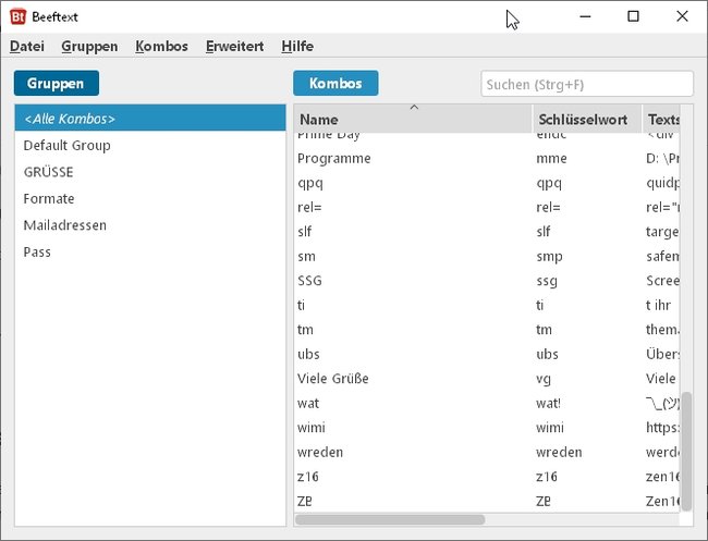 Screenshot des Programmfensters von Beeftext