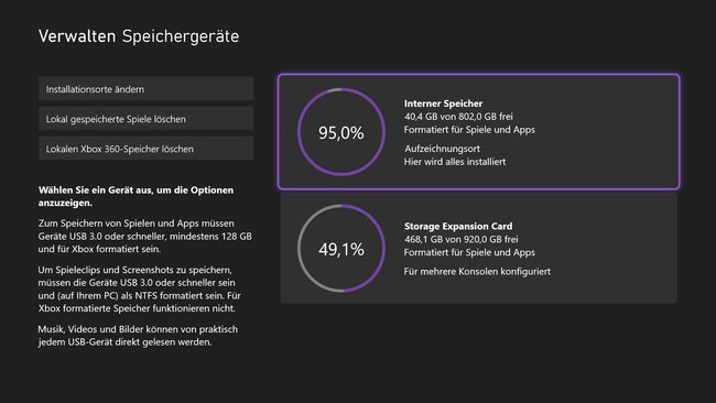 Screenshot des Speichergeräte-Bildschirms, zwei Speichermedien werden angezeigt. Der interne Speicher, sowie die Storage Expansion Card von Seagate