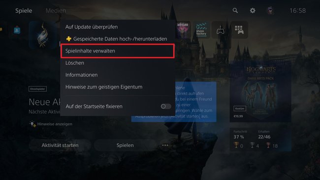 Durch „Spielinhalte verwalten“ könnt ihr für Hogwarts Legacy neue Sprachpakete herunterladen. (Bildquelle: Screenshot GIGA)