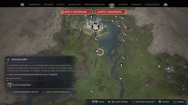Complete Arn's side mission first "carted away".  in Lower Hogsfield south of Hogwarts (Source: Screenshot GIGA).