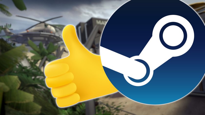 Das Bild zeigt einen Screenshot von Team Fortress 2 und das Steam Logo mit einem Daumen nach oben