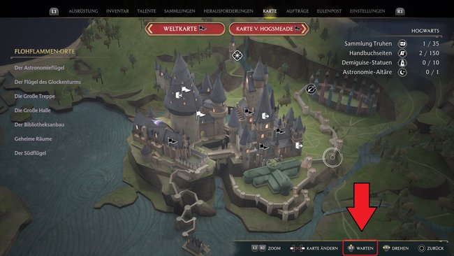 You can find the waiting function in the Hogwarts Legacy map screen (Source: Screenshot GIGA).