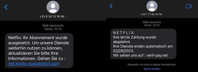 Screenshot zweier SMS mit Links zu gefälschten Netflix-Login-Seiten.