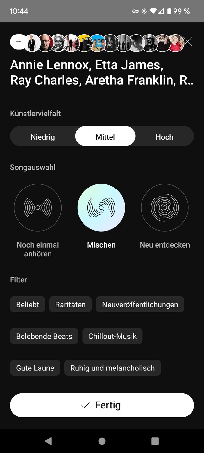 Screendshot: Feineinstellungen der Künstlerauswahl in der YouTube-Music-App