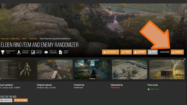 Mod-Seite vom Elden Ring Randomizer mit Pfeil zum Download