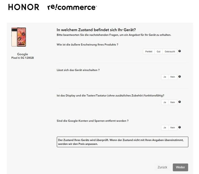 Der Screenshot zeigt das Rücknahme-Programm von Honor.