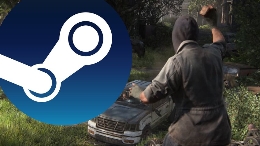 Das Bild zeigt einen Screenshot aus The Last of Us Part 1 und das Steam-Logo